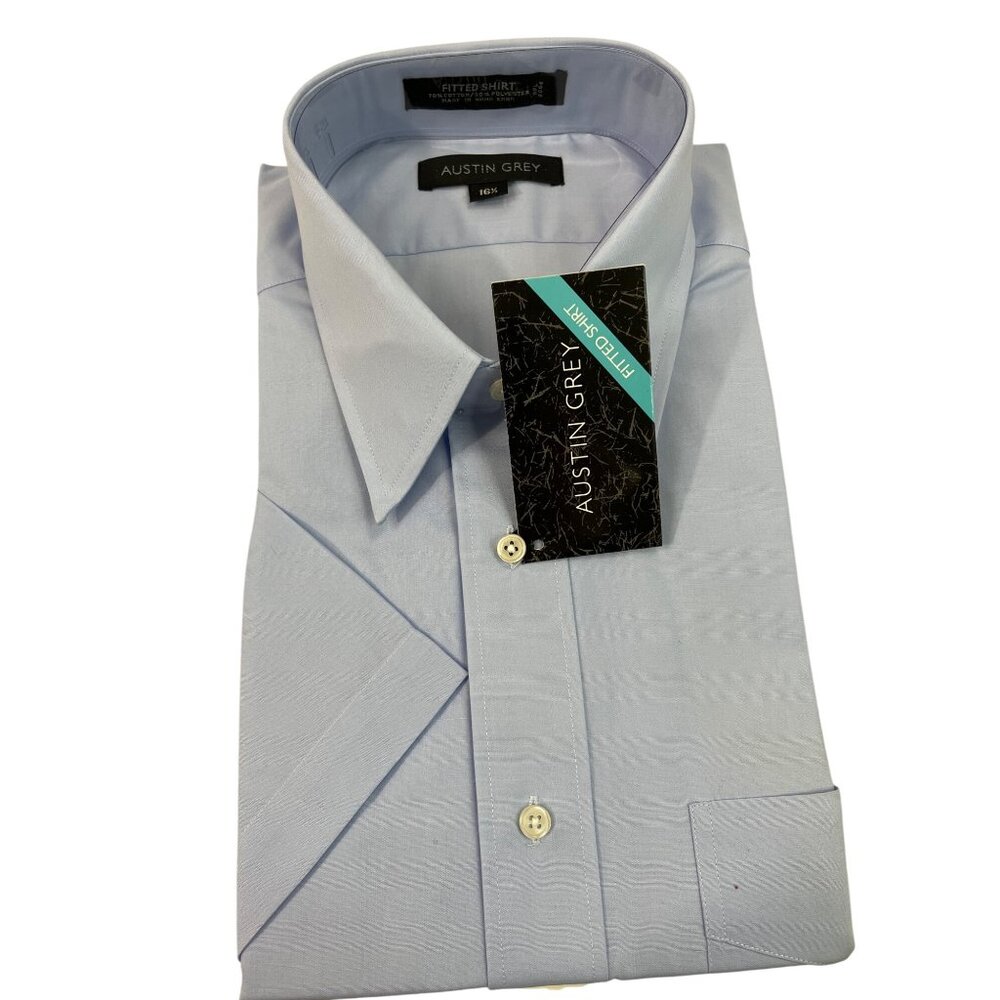 Austin Grey Mens Dress Shirt  Blue Fitted Shirt Collar & Short Sleeves Size 16.5